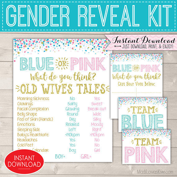 Blue or Pink Gender Reveal Party Decor  Old Wives Tales Sign, Vote Tally,  Team Pink & Blue - Madi Loves Kiwi Digital Downloads